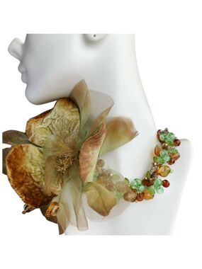 Vintage Czech Green and Amber Brown Necklace